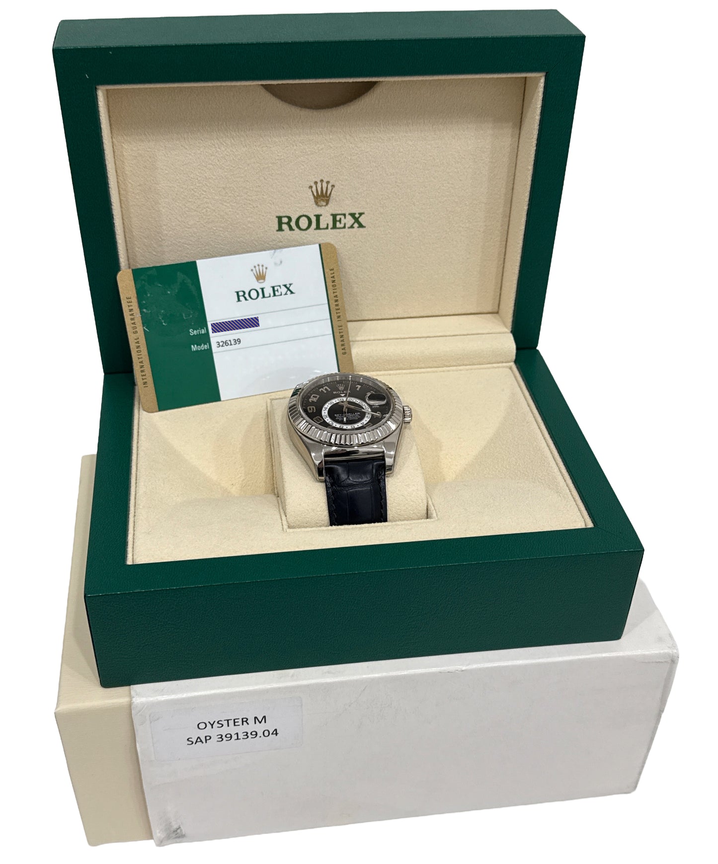 PAPERS Rolex Sky-Dweller BLACK ARABIC 18K White Gold Leather 42mm 326139 BOX