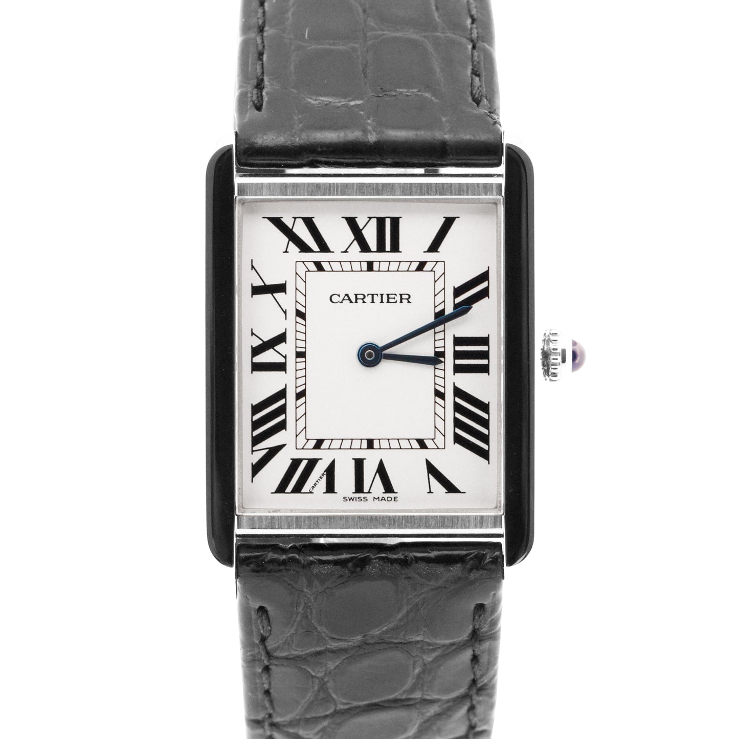 Cartier Tank Solo Stainless Steel WHITE Roman Quartz 2715 W1018355 Leather Watch
