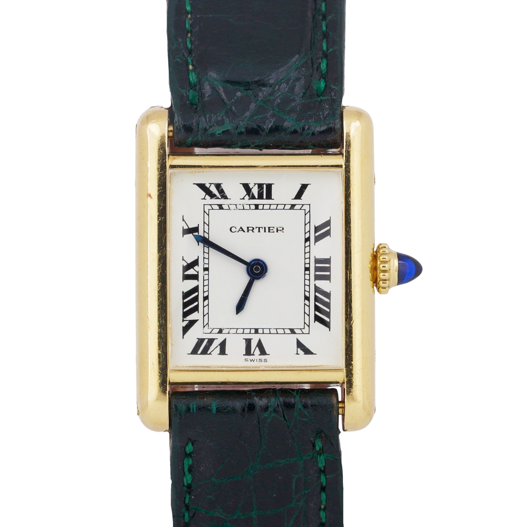 VINTAGE Ladies Cartier Tank Louis 18k Gold Green Leather 78087