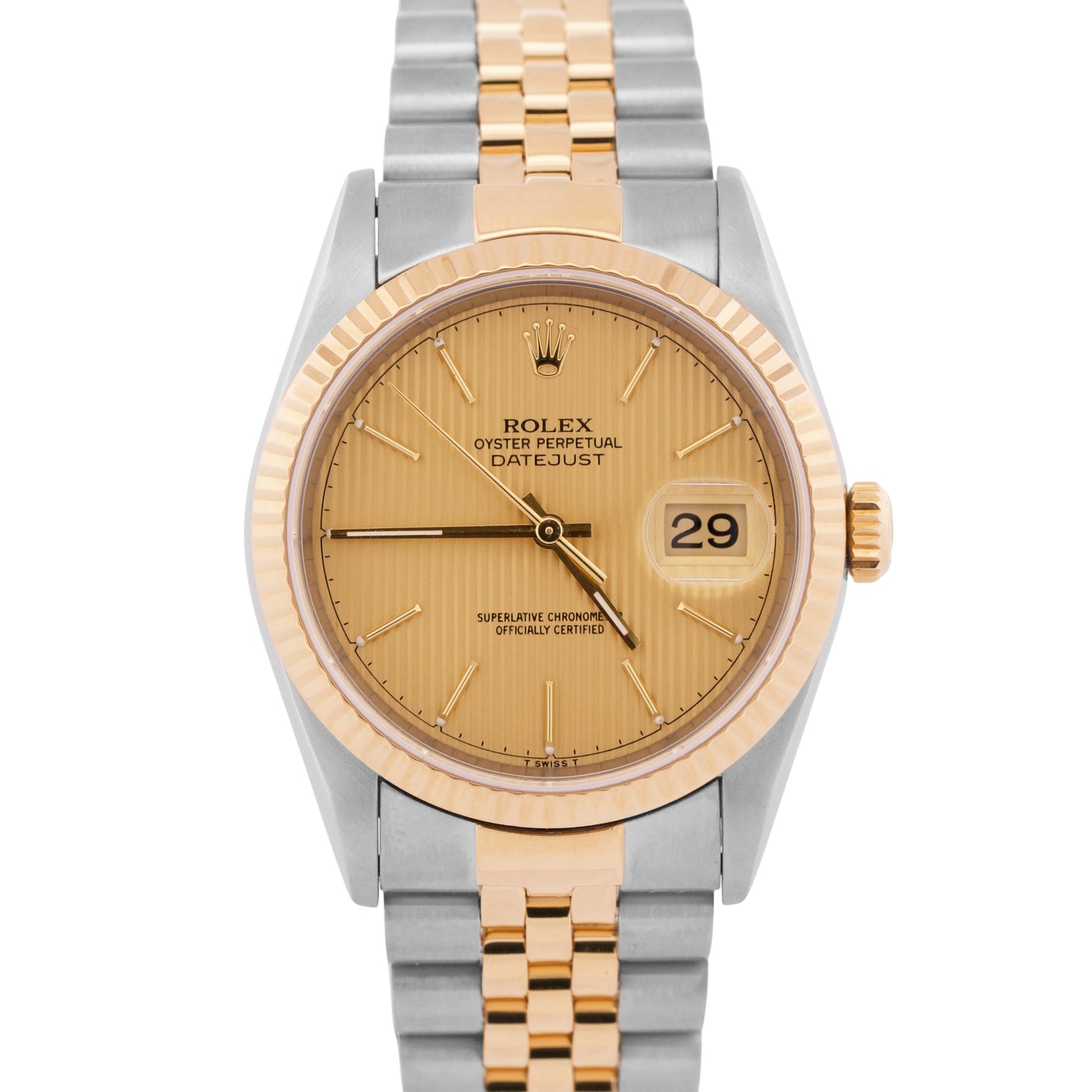 MINT Rolex DateJust 36mm CHAMPAGNE TAPESTRY 18K Yellow Gold JUBILEE Steel 16233