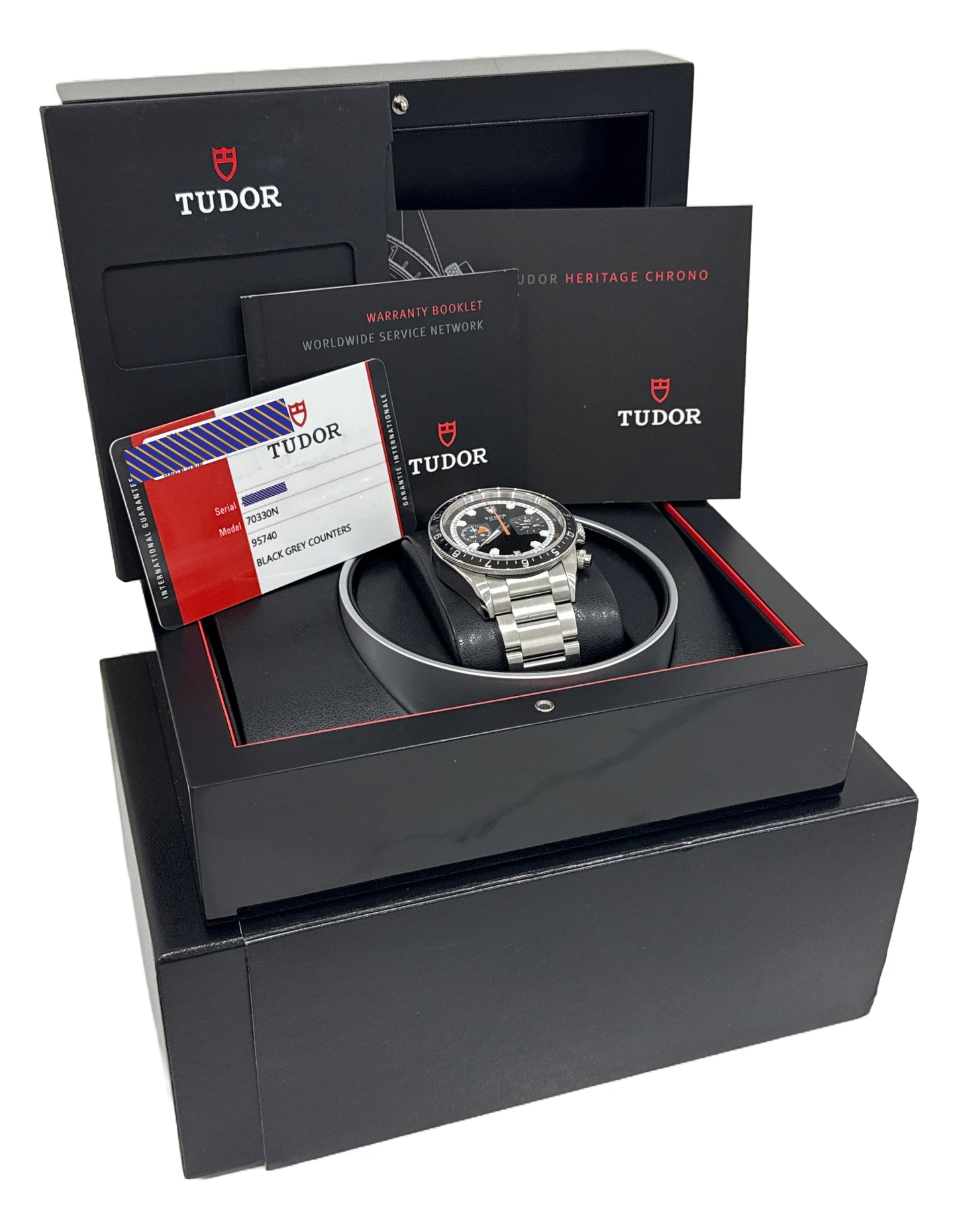 PAPERS Tudor Heritage Chronograph BLACK Grey Orange Steel 42mm 70330 N Watch BOX