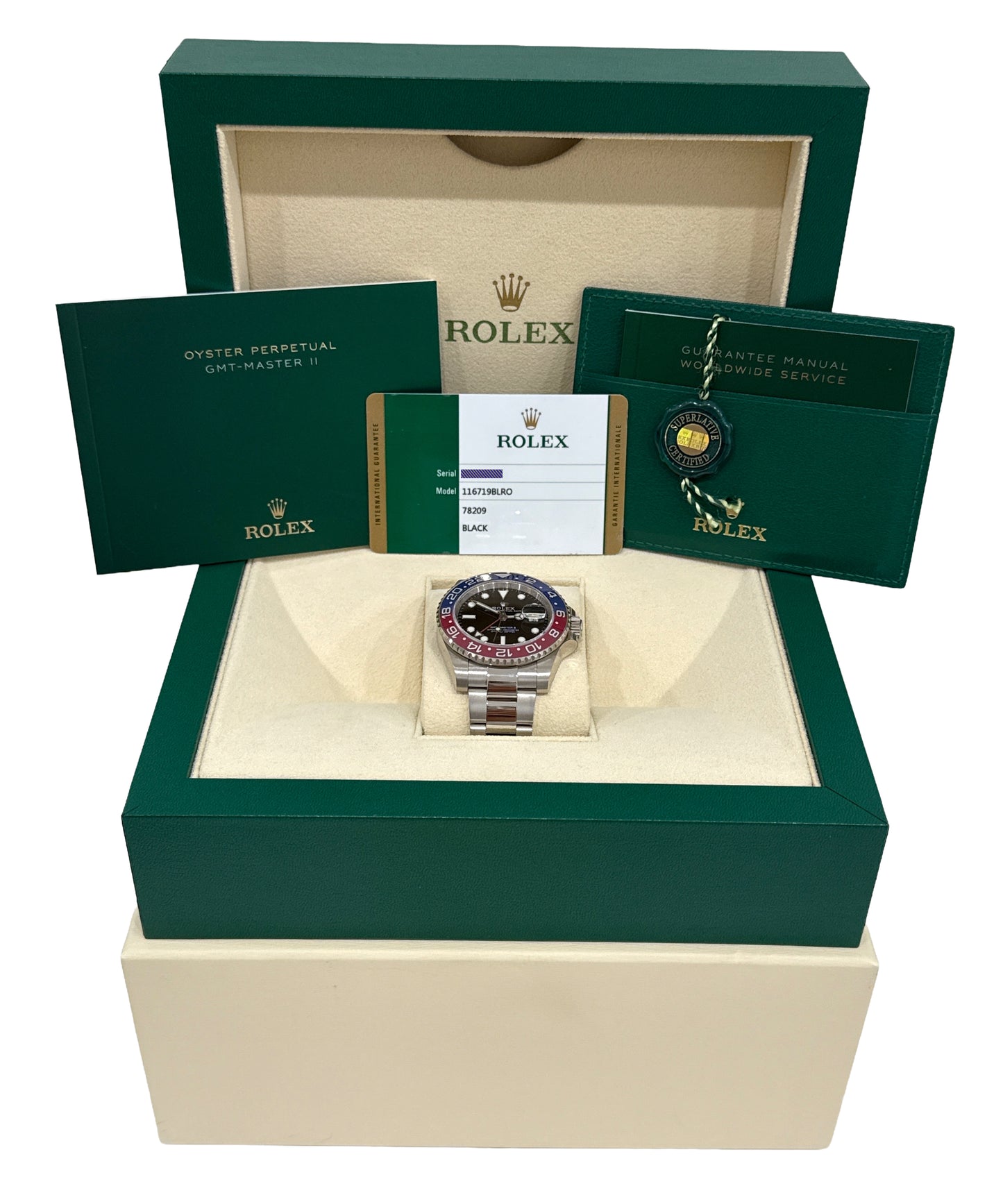 PAPERS Rolex GMT-Master II PEPSI Black 18K White Gold Watch 116719 BLRO BOX