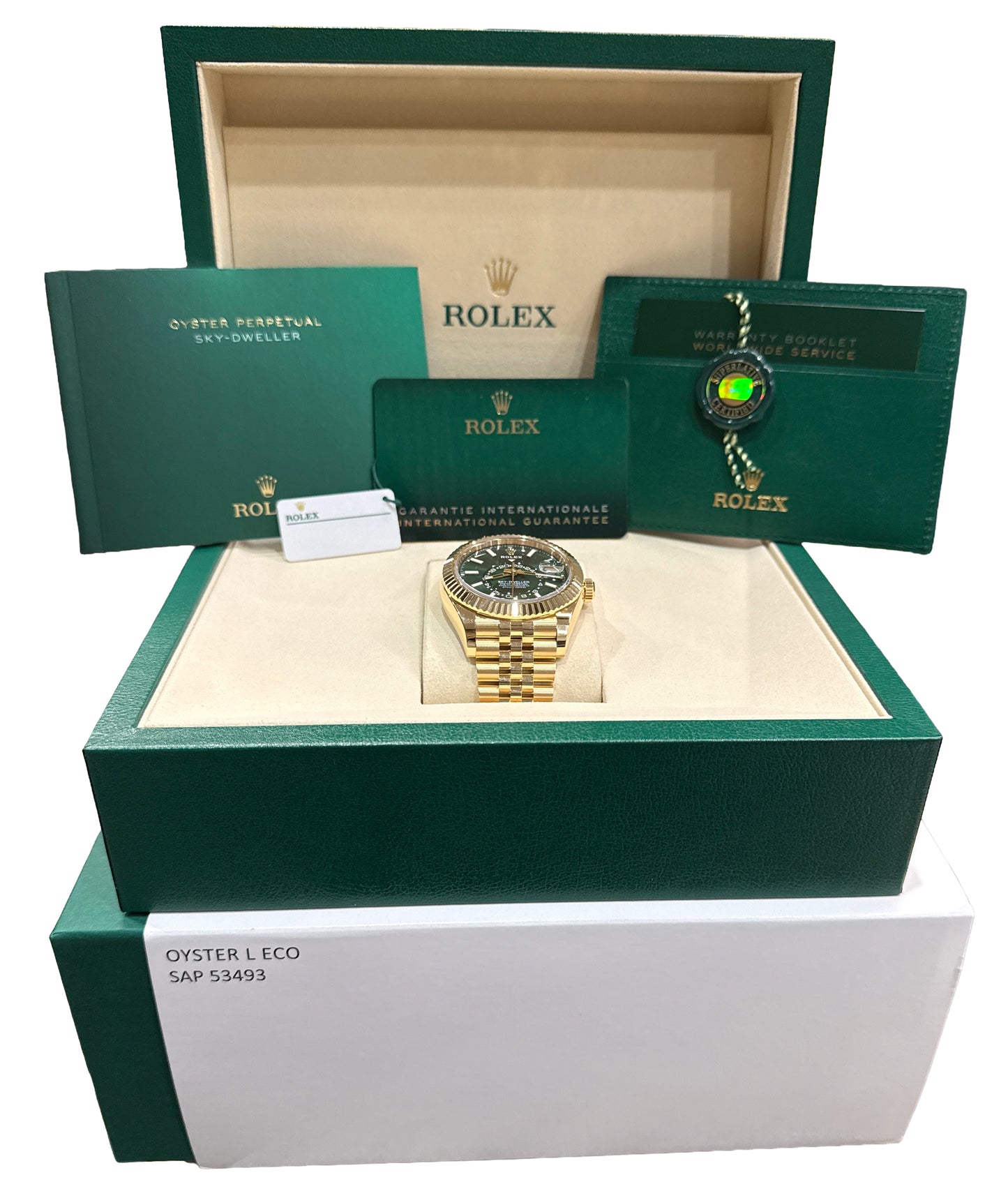 NEW APRIL 2026 PAPERS Rolex Sky-Dweller GREEN 18K Gold 42mm JUBILEE 336938 BOX