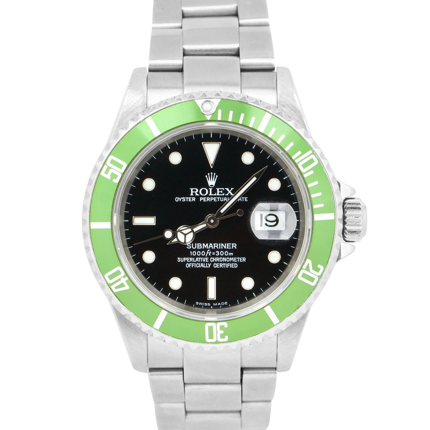 Rolex Submariner Date NO-HOLES CASE Green Black Stainless Automatic 16610 Watch
