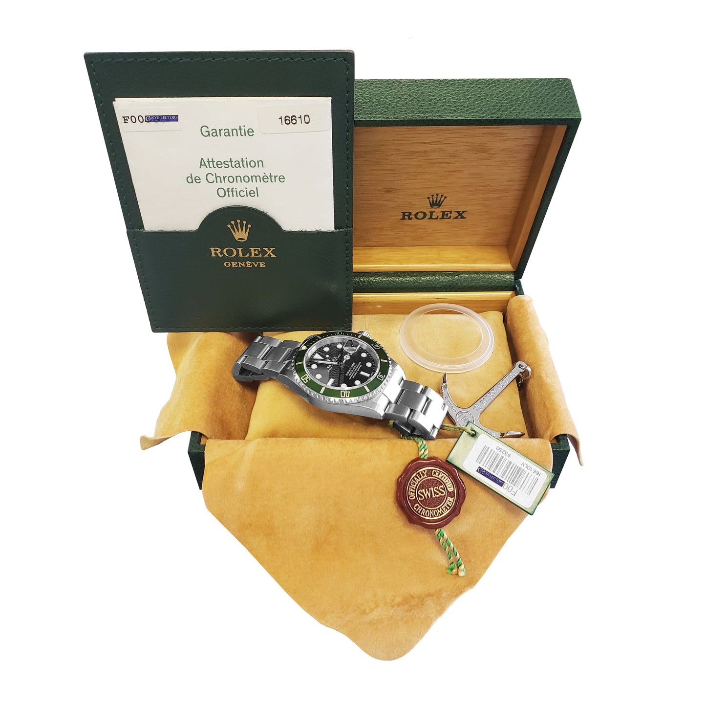 NOS STICKERED 2003 Rolex Submariner KERMIT Green FLAT 4 F-Serial Watch 16610 LV