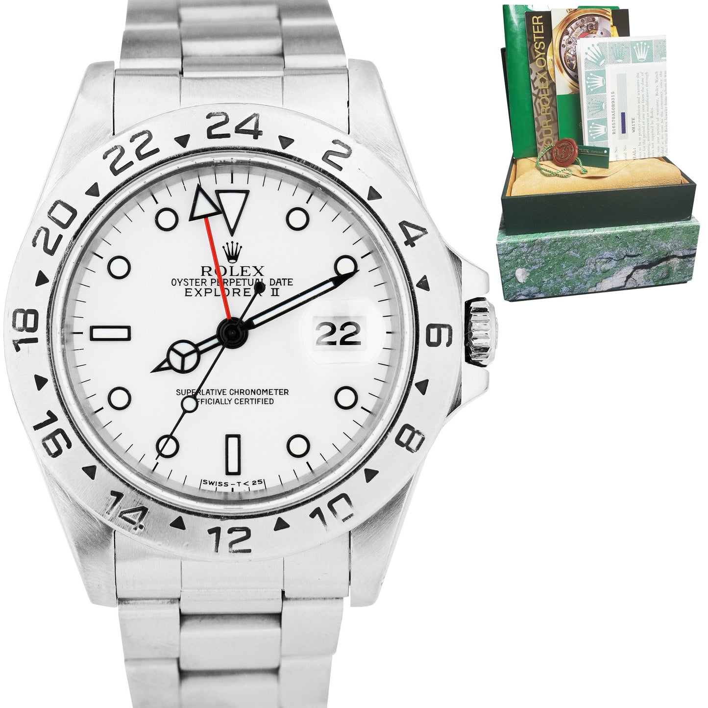 1997 Rolex Explorer II Polar White Stainless Automatic 40mm Watch 16570 B+P