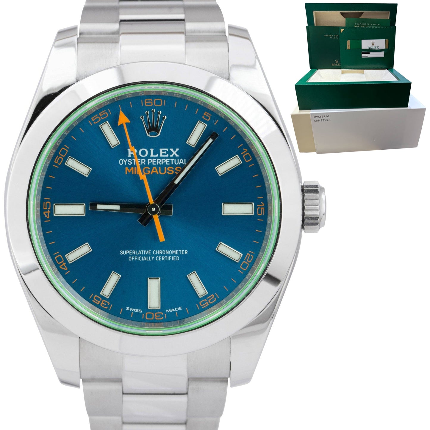 MINT Rolex Milgauss Z-Blue Green 40mm 116400 GV Stainless Steel Watch CARD