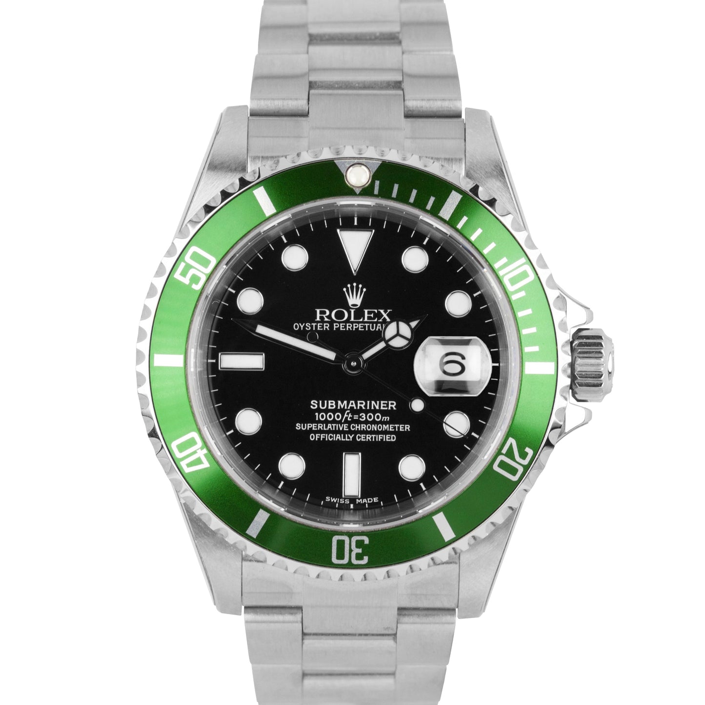 NOS STICKERED 2003 Rolex Submariner KERMIT Green FLAT 4 F-Serial Watch 16610 LV