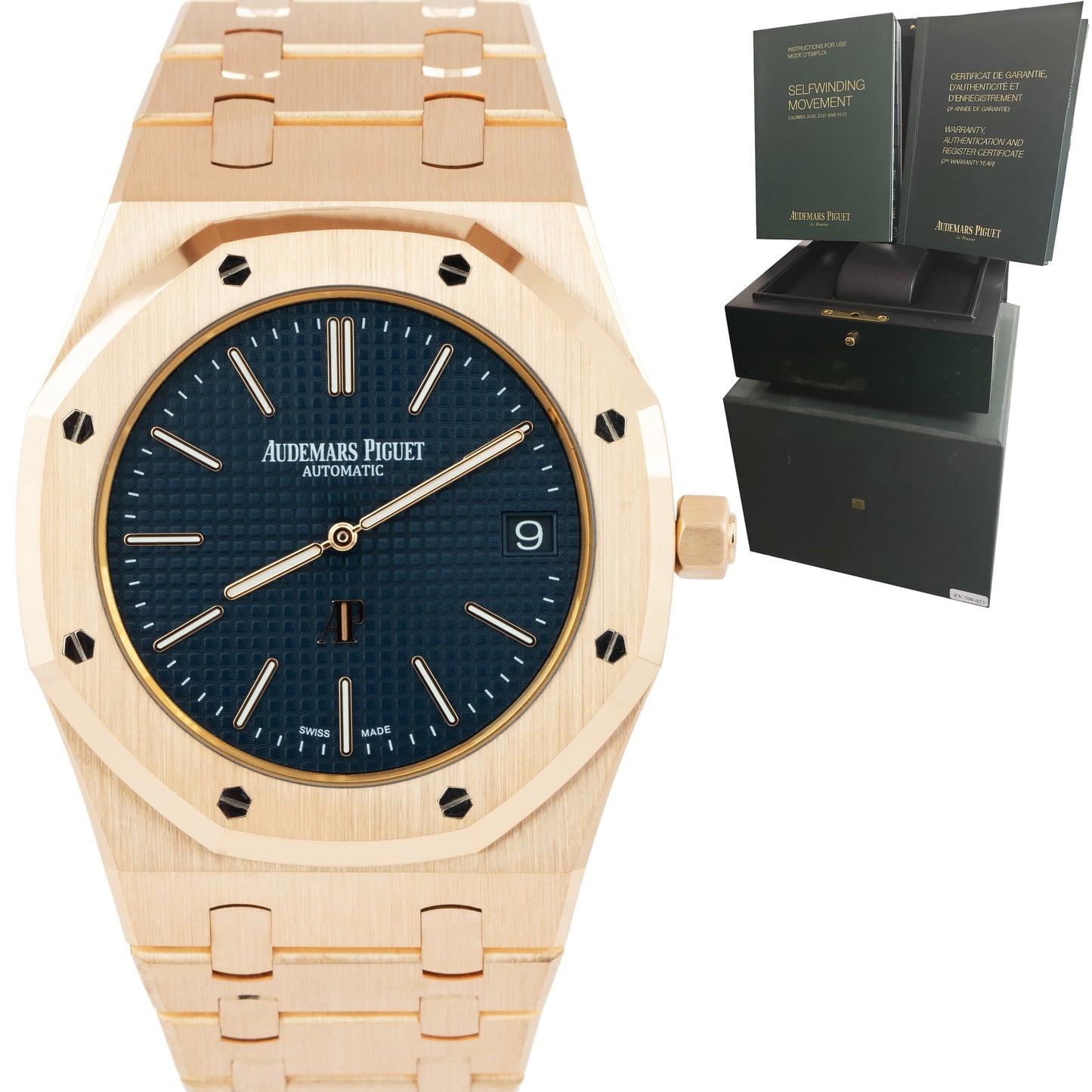 2014 Audemars Piguet Royal Oak Blue 39mm 18K Rose Gold 15202OR.00.1240OR.01 B+P