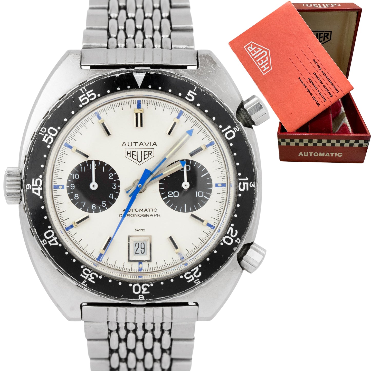RARE 1971 Vintage Heuer Autavia Jo Siffert White Chronograph 42mm Steel 1163 B+P