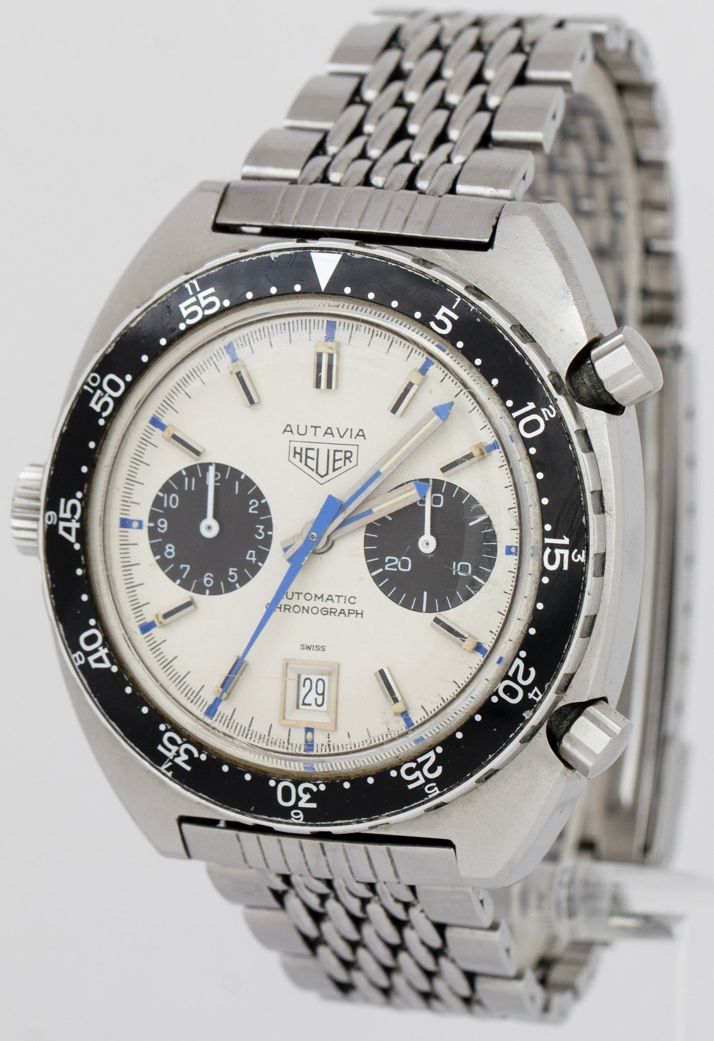 RARE 1971 Vintage Heuer Autavia Jo Siffert White Chronograph 42mm Steel 1163 B+P
