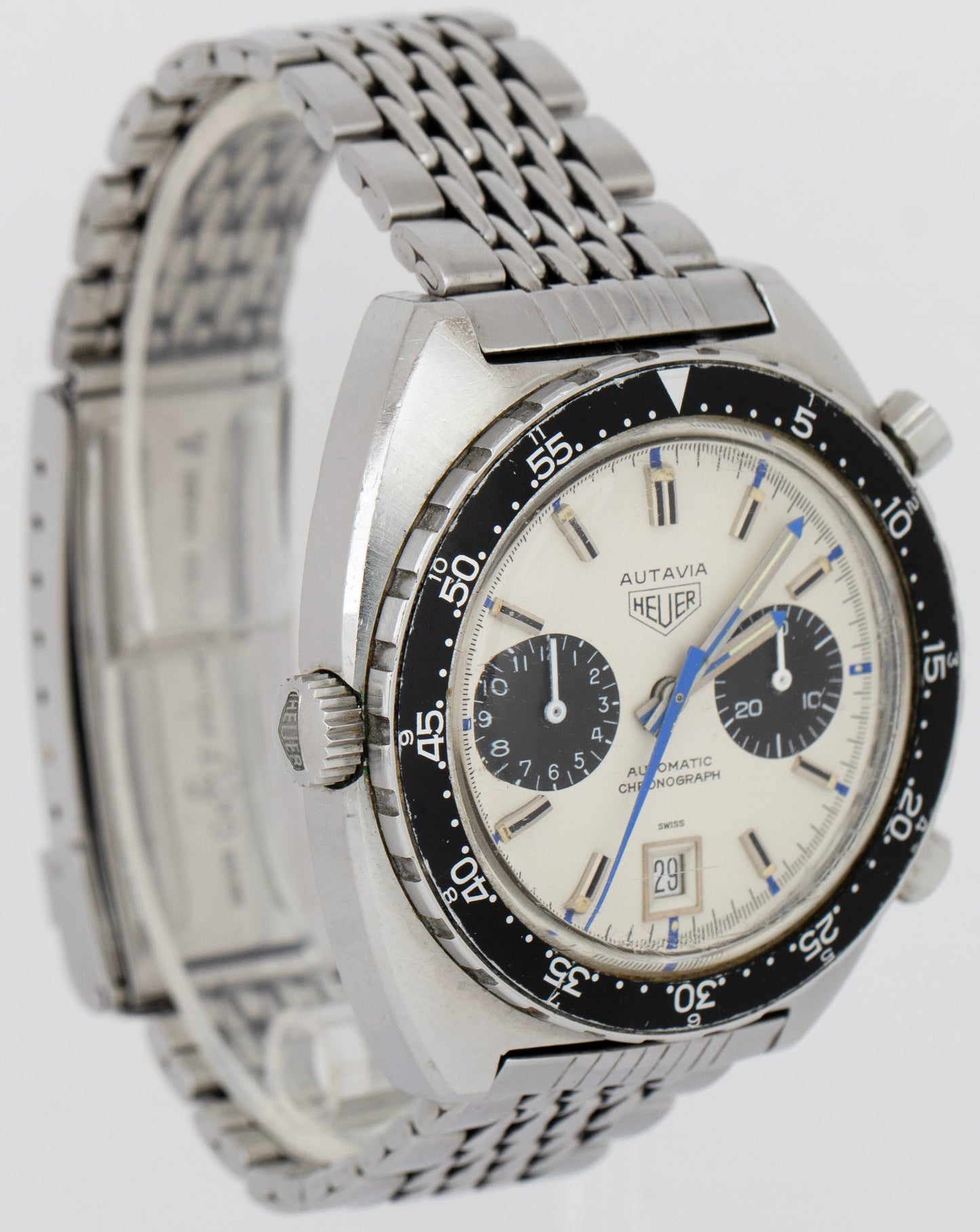 RARE 1971 Vintage Heuer Autavia Jo Siffert White Chronograph 42mm Steel 1163 B+P