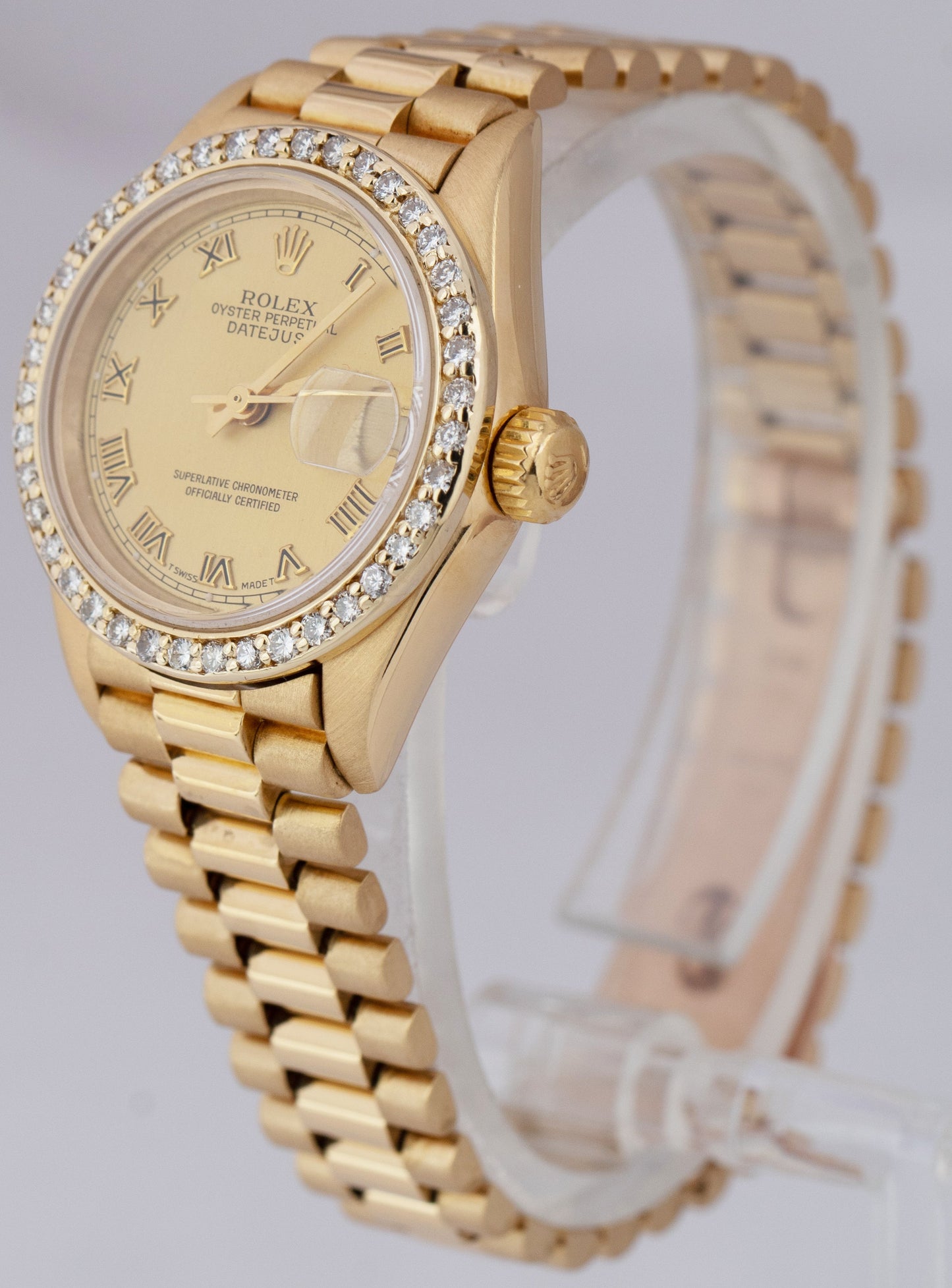 Rolex DateJust President 26 Champagne DIAMOND BEZEL Yellow Gold Watch 69178 BOX