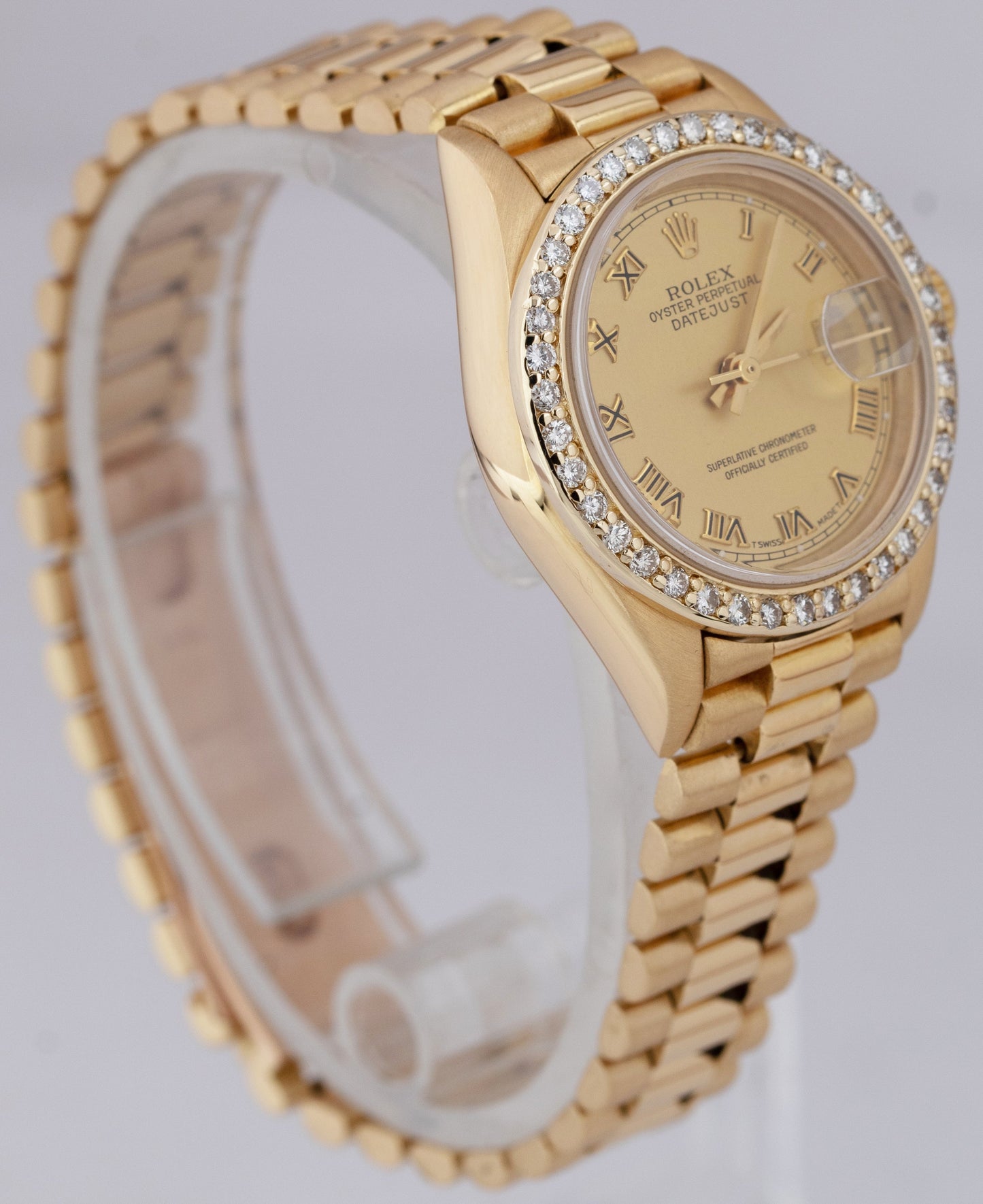 Rolex DateJust President 26 Champagne DIAMOND BEZEL Yellow Gold Watch 69178 BOX