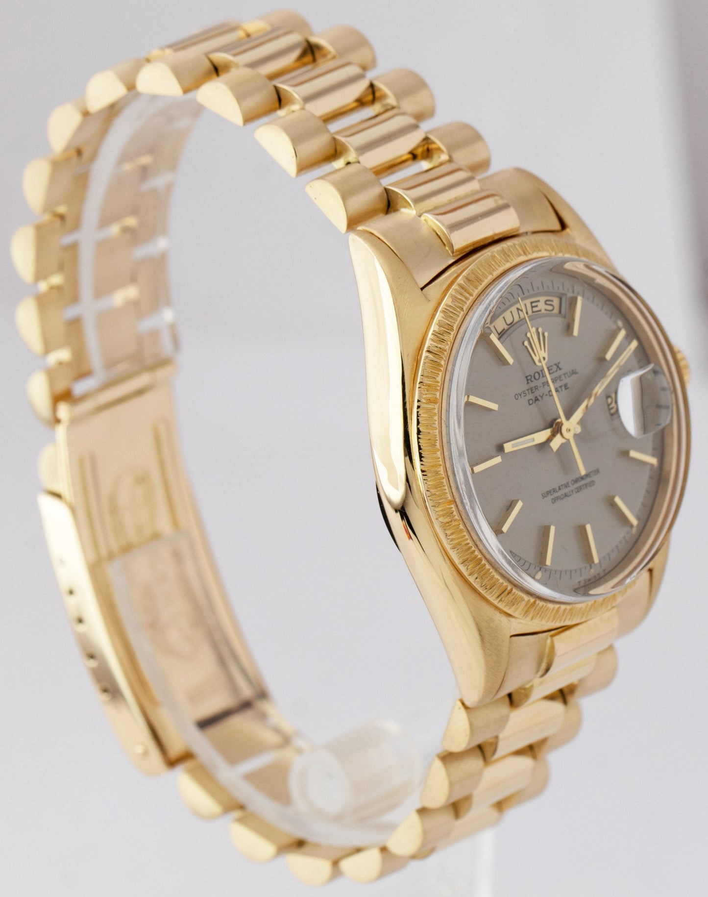 Rolex Day-Date President Gray Silver Pie Pan 18K Yellow Gold 36mm Watch 1807