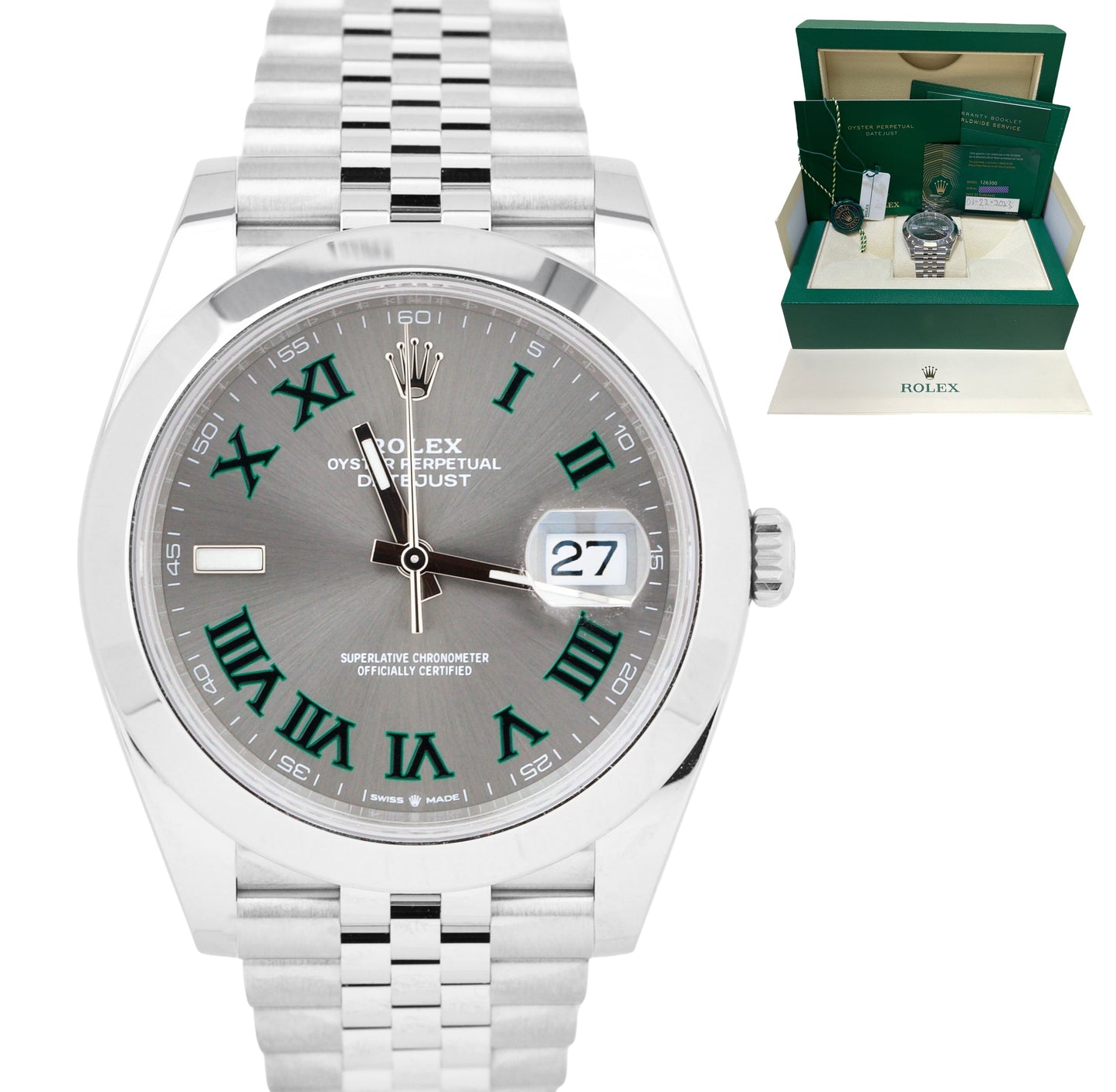 BRAND NEW 2023 Rolex DateJust Wimbledon Rhodium Grey 41mm JUBILEE Watch 126300