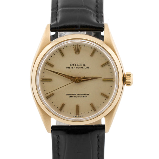 1961 Rolex Oyster Perpetual 1002 14K Yellow Gold Smooth 34mm Leather Watch