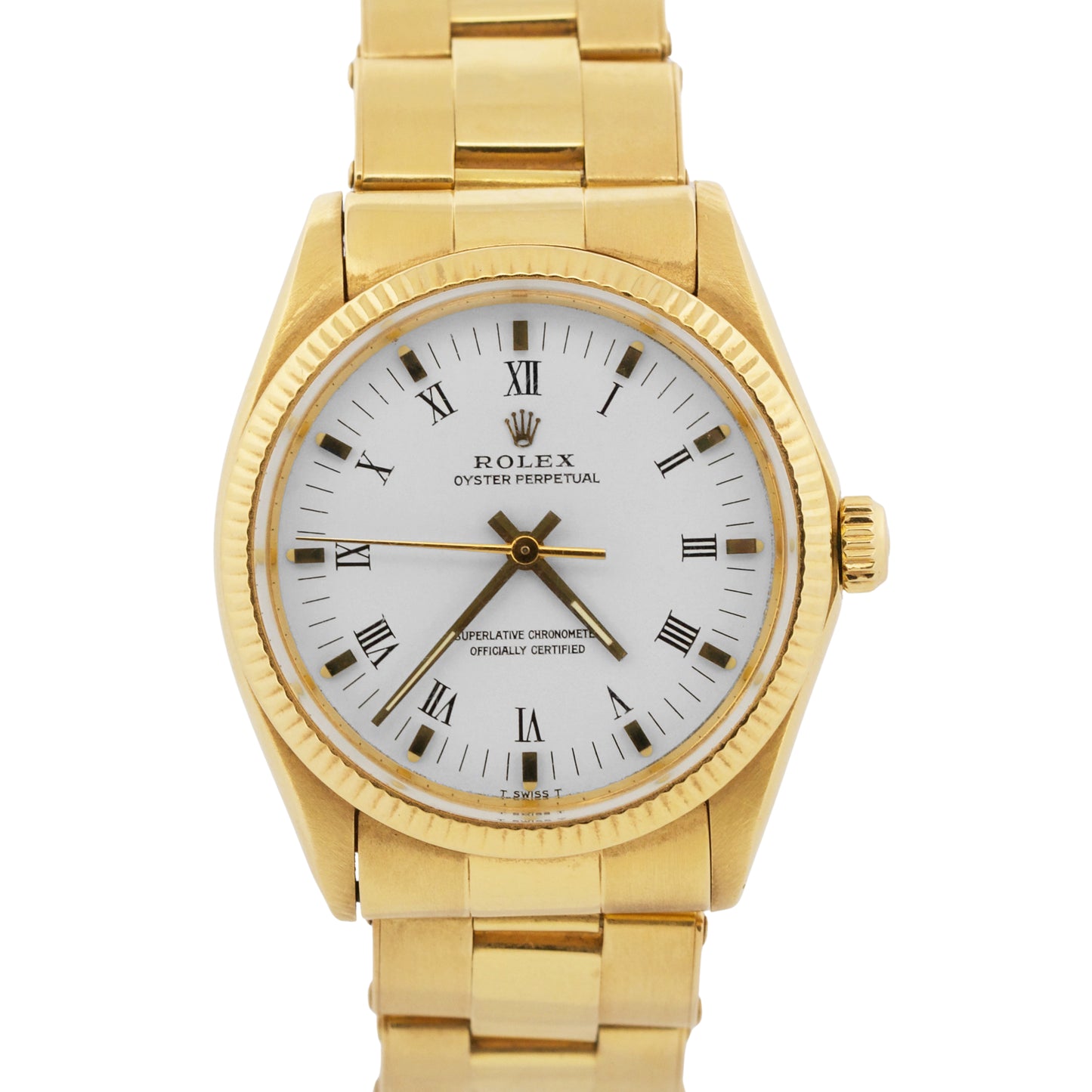 1981 Rolex Oyster Perpetual 34mm WHITE 18K Yellow Gold Fluted Oyster Watch 1005