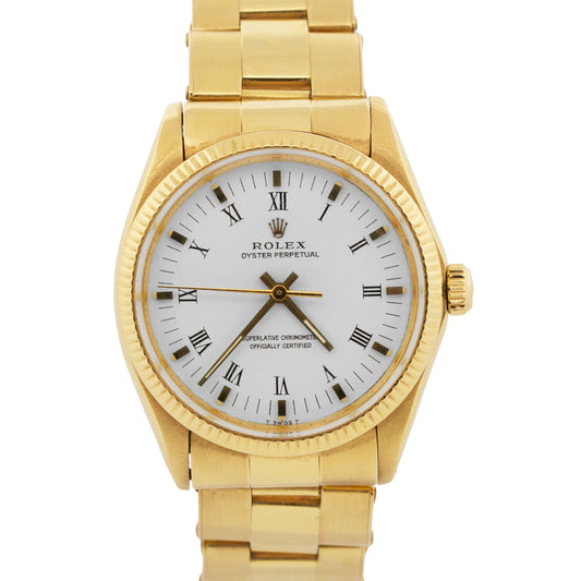 1981 Rolex Oyster Perpetual 34mm WHITE 18K Yellow Gold Fluted Oyster Watch 1005