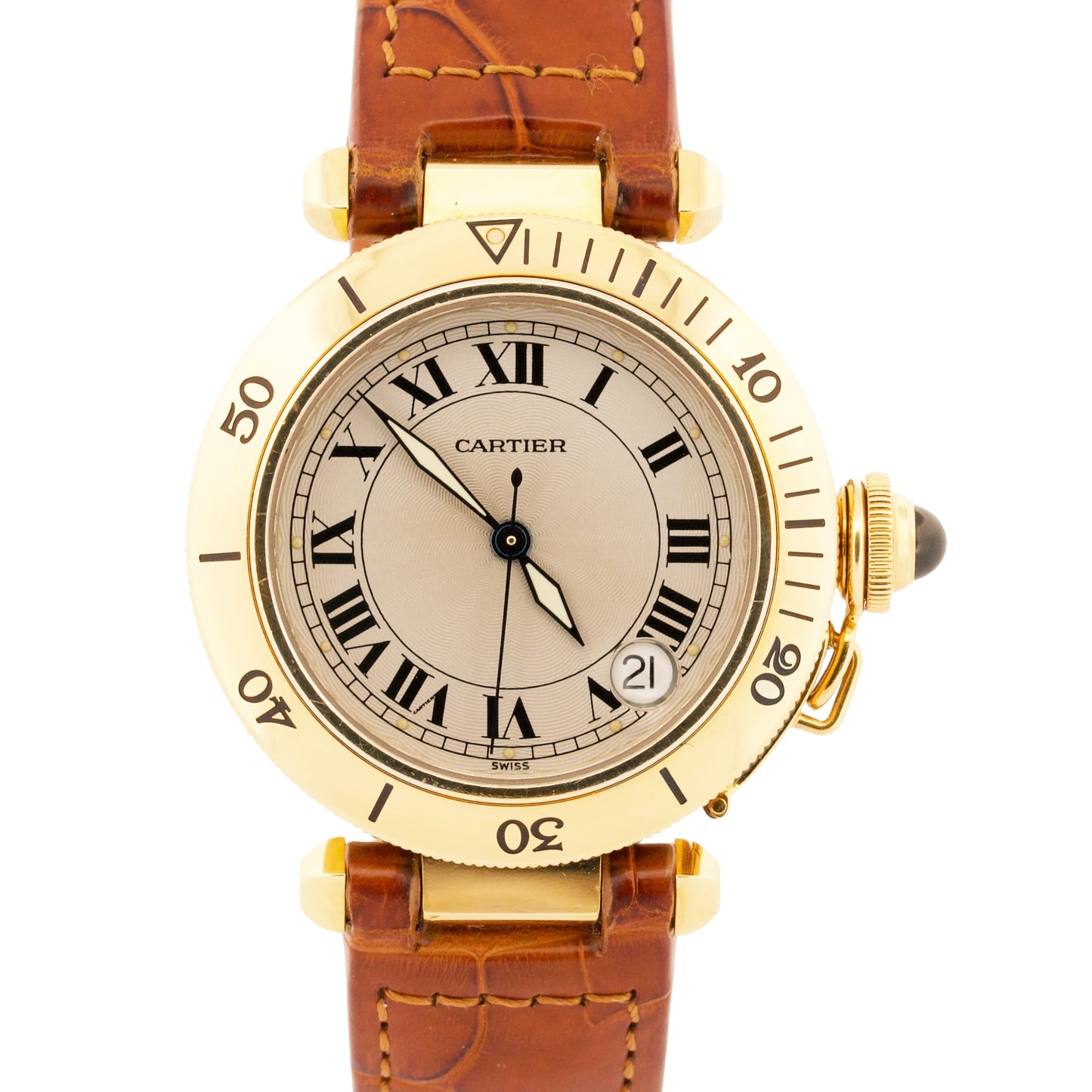 Cartier Pasha GUILLOCHE ROMAN 18K Yellow Gold Leather 38mm 1035 W3004856 Watch