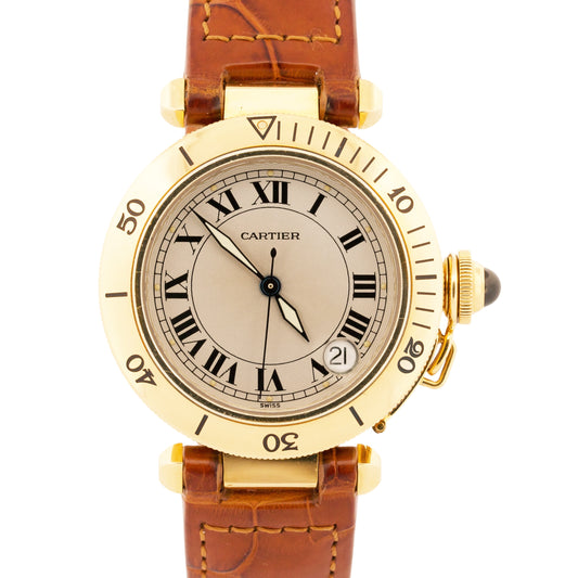 Cartier Pasha GUILLOCHE ROMAN 18K Yellow Gold Leather 38mm 1035 W3004856 Watch