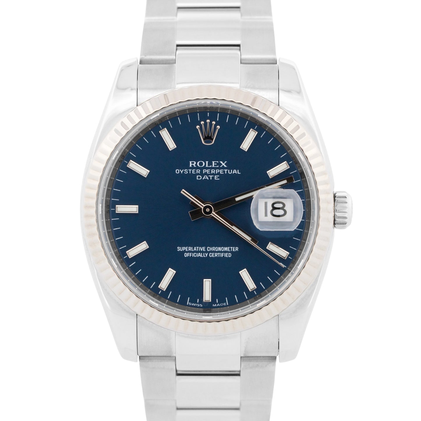 Rolex Oyster Perpetual Date BLUE 18K Gold Steel 34mm Fluted OYSTER 115234 Watch