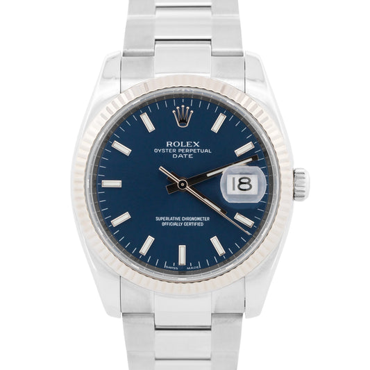 Rolex Oyster Perpetual Date BLUE 18K Gold Steel 34mm Fluted OYSTER 115234 Watch