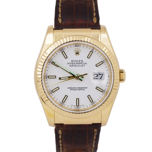 PAPERS Rolex DateJust 36mm WHITE 18K Yellow Gold Brown Leather Watch 116138 BOX