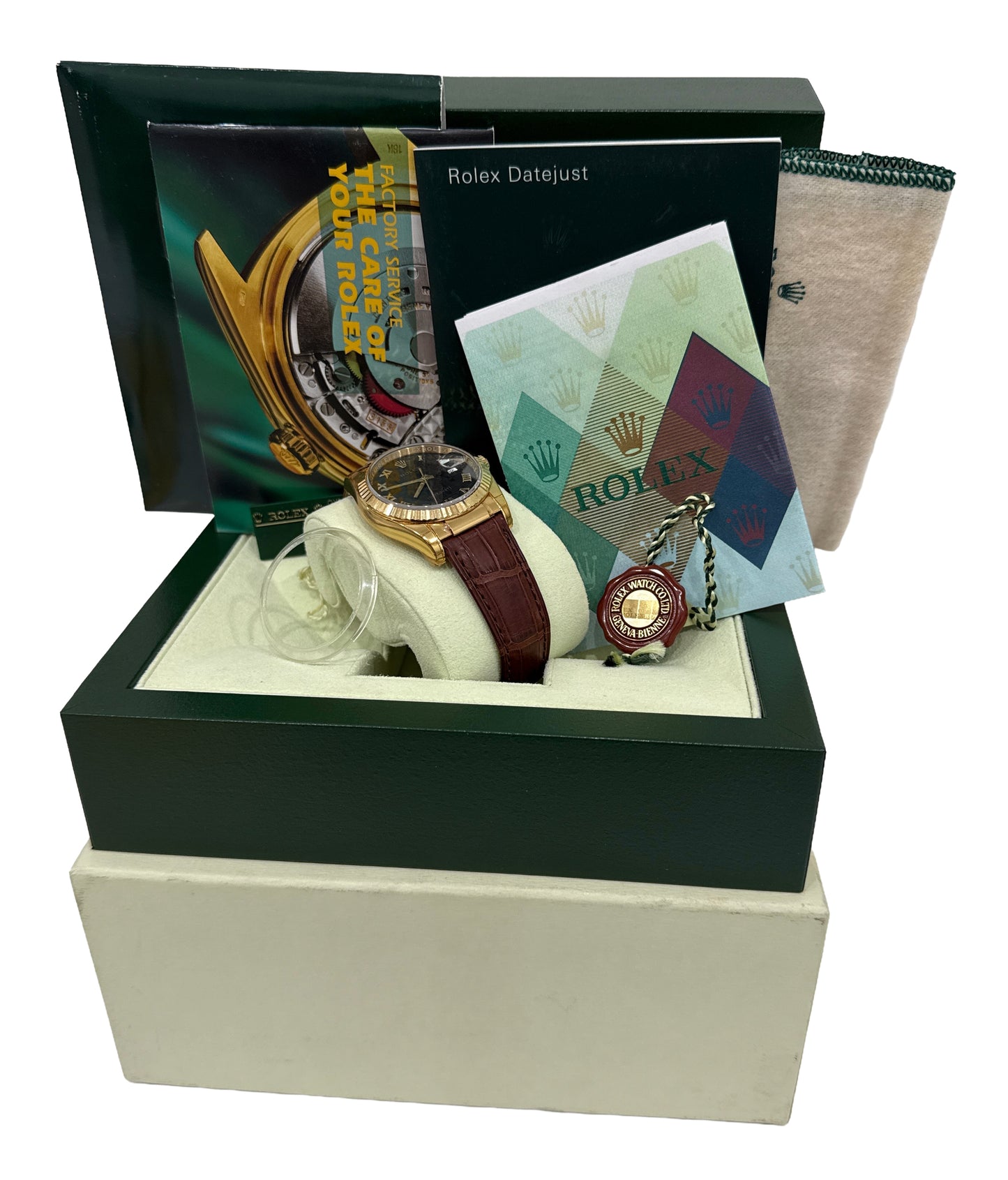 PAPERS Rolex DateJust 36mm BLACK JUBILEE ROMAN 18K Gold Leather Watch 116138 BOX