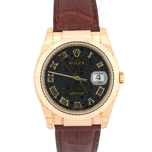 PAPERS Rolex DateJust 36mm BLACK JUBILEE ROMAN 18K Gold Leather Watch 116138 BOX