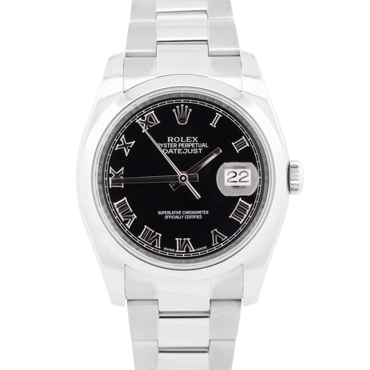 MINT Rolex DateJust 36 BLACK ROMAN Stainless Steel Oyster 36mm Watch 116200
