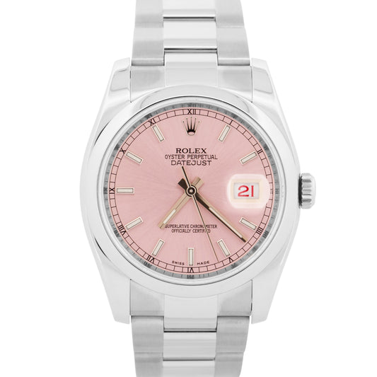 2014 PAPERS Rolex DateJust 36mm PINK Red Roulette OYSTER Steel Watch 116200 BOX
