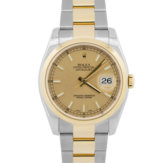 2005 PAPERS Rolex DateJust 36mm CHAMPAGNE 18K Gold Steel OYSTER 116203 BOX