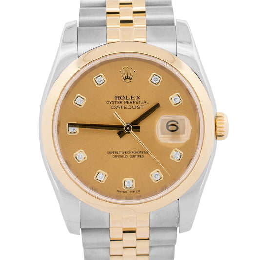 Rolex DateJust 36mm CHAMPAGNE DIAMOND 18K Gold Steel JUBILEE 116203 BOX