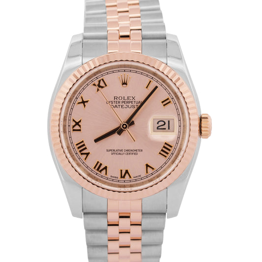 2021 PAPERS Rolex DateJust 36mm PINK ROMAN 18K Gold Steel JUBILEE 116231 BOX