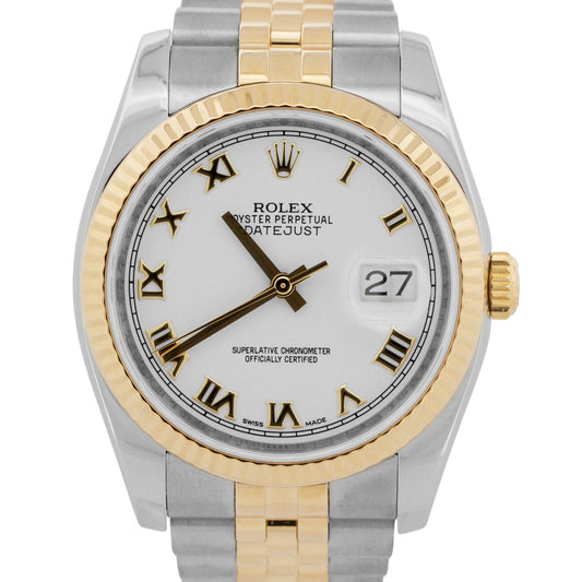 Rolex DateJust 36mm WHITE ROMAN Two-Tone JUBILEE Steel 18K Yellow Gold 116233