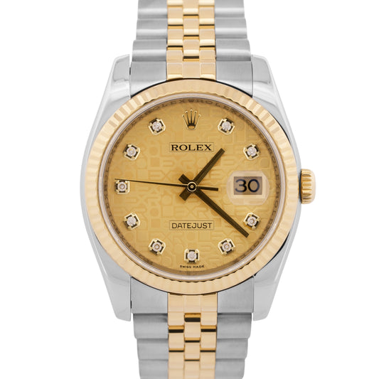 Rolex DateJust 36mm JUBILEE CHAMPAGNE DIAMOND 18K Yellow Gold Steel 116233 Watch