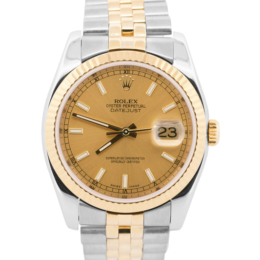 Rolex DateJust 36mm CHAMPAGNE 18K Gold Fluted Steel SUPER JUBILEE 116233 Watch