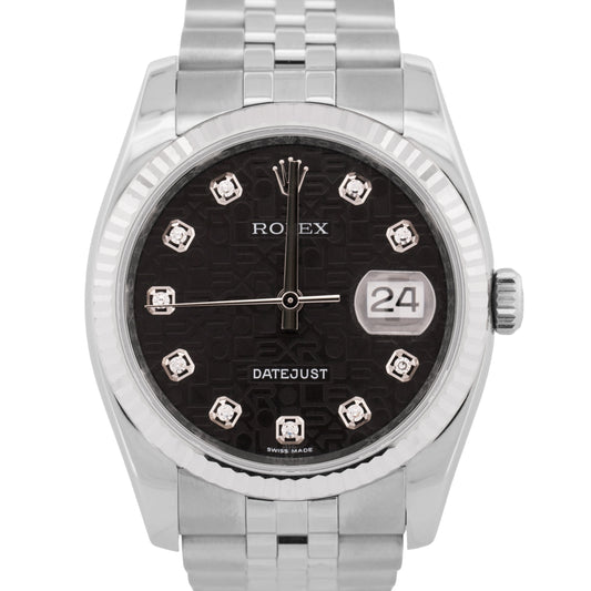 MINT Rolex DateJust BLACK JUBILEE DIAMOND 36mm 18K White Gold Steel 116234 Watch