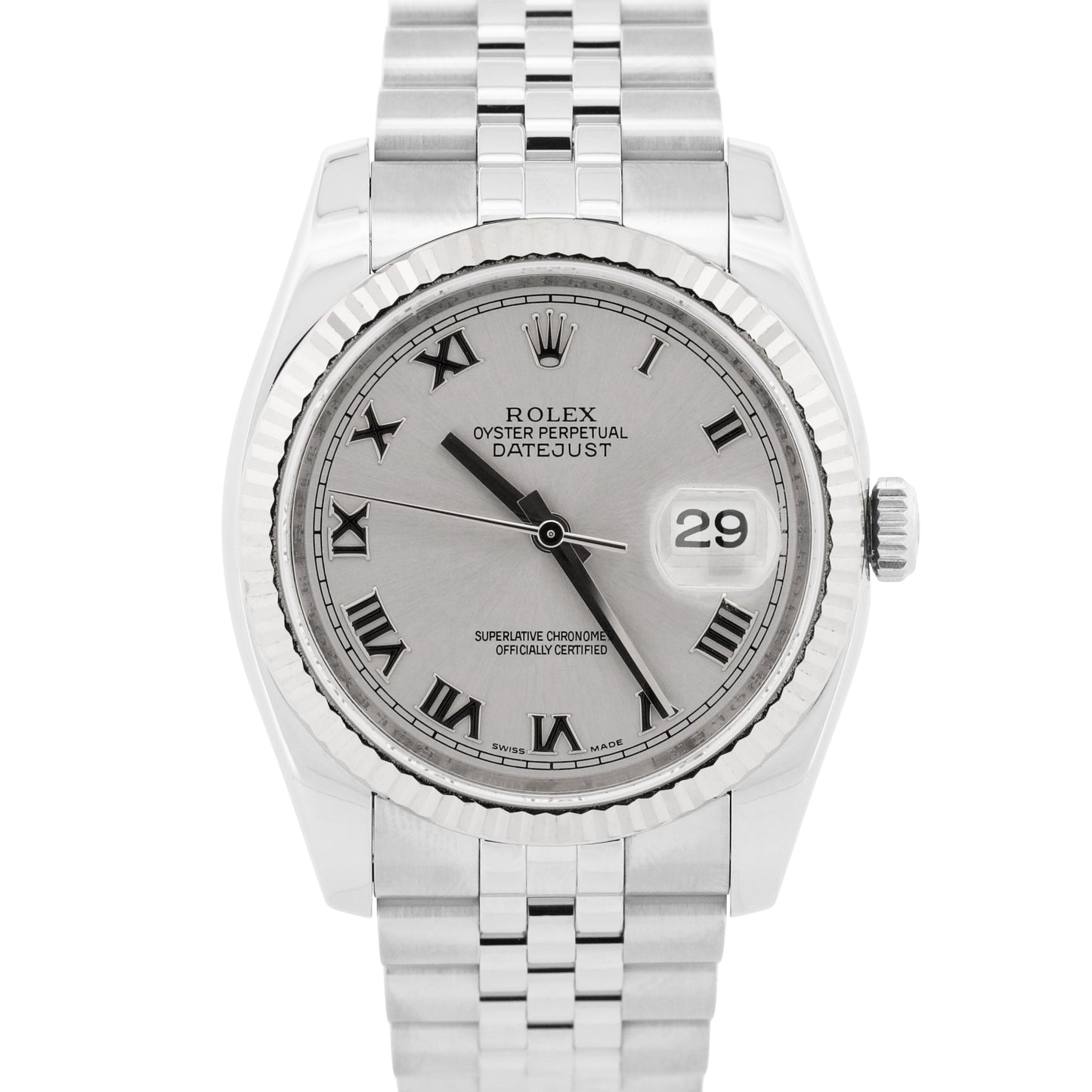 PAPERS Rolex DateJust 36mm SILVER ROMAN 18K Gold Steel JUBILEE 18K 116234 BOX