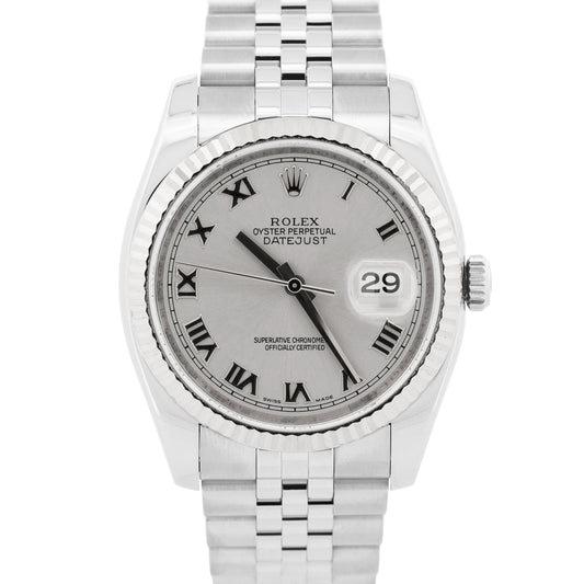 PAPERS Rolex DateJust 36mm SILVER ROMAN 18K Gold Steel JUBILEE 18K 116234 BOX