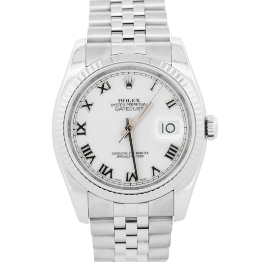 Rolex DateJust WHITE ROMAN 36mm 18K White Gold Fluted Steel JUBILEE 116234 Watch