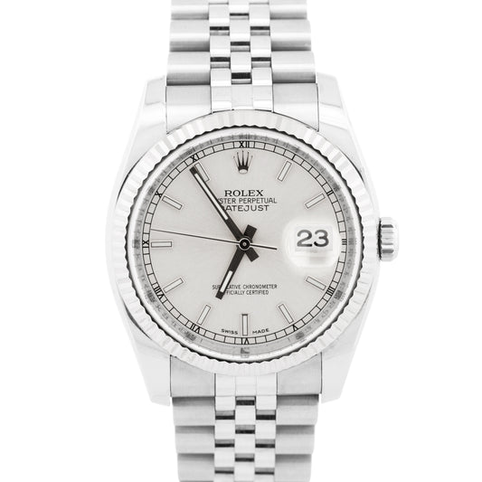 UNPOLISHED PAPERS Rolex DateJust 36mm SILVER Steel JUBILEE 18K Gold 116234 BOX