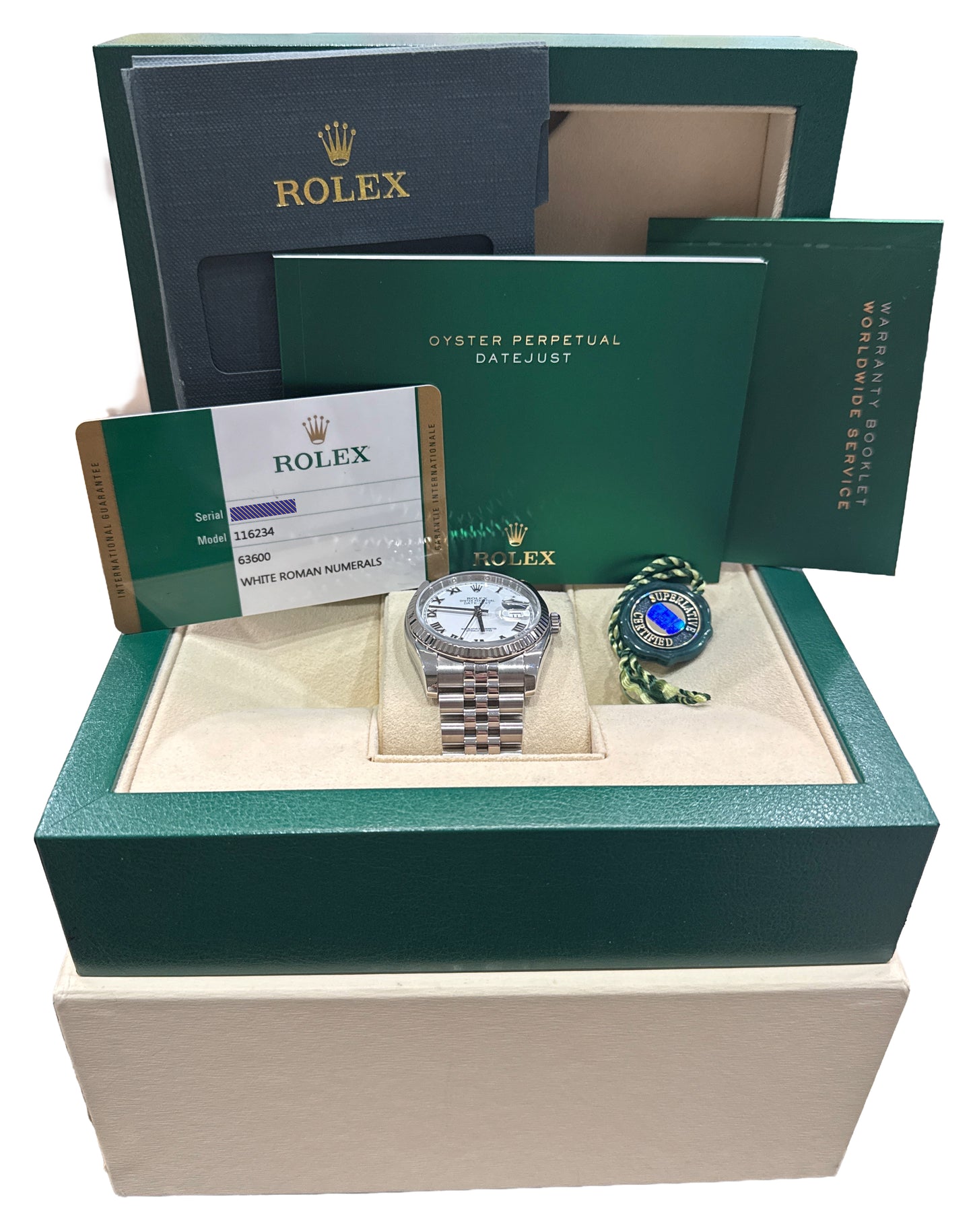 2015 PAPERS Rolex DateJust 36mm WHITE ROMAN 18K Steel JUBILEE 18K 116234 BOX