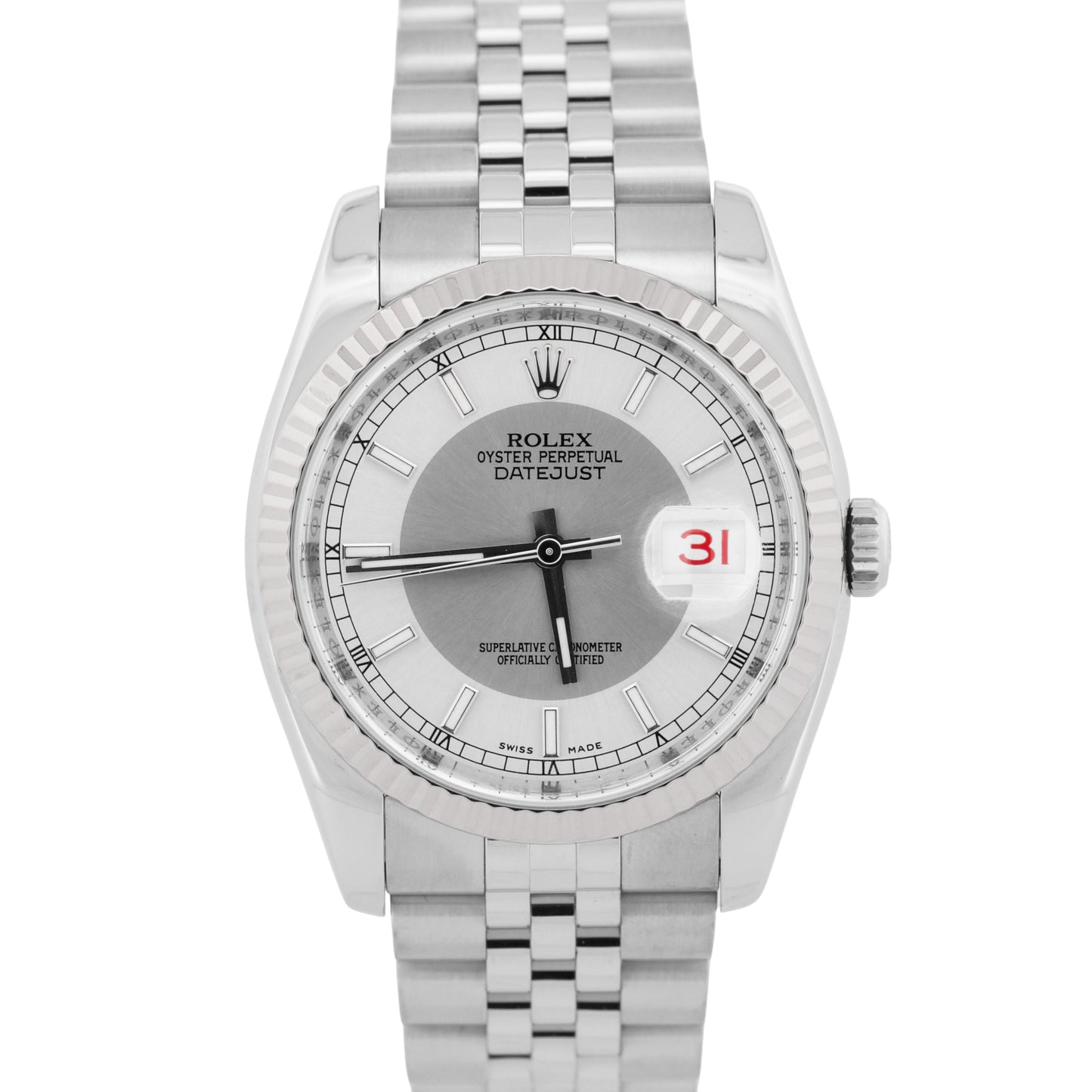 PAPERS Rolex DateJust 36mm BULLSEYE Silver Gray Steel JUBILEE 18K Red 116234 BOX