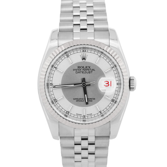 PAPERS Rolex DateJust 36mm BULLSEYE Silver Gray Steel JUBILEE 18K Red 116234 BOX