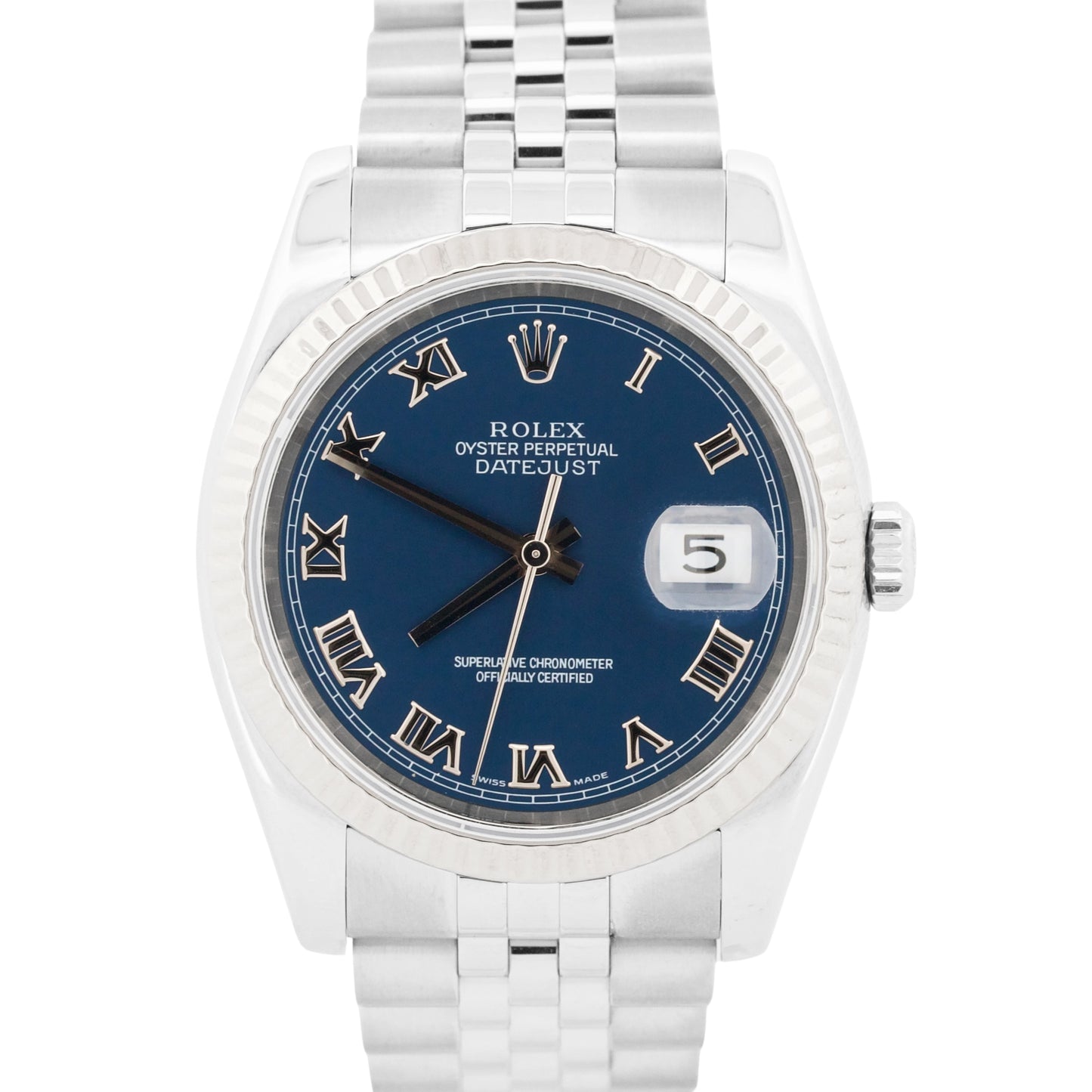 2006 PAPERS Rolex DateJust 36mm BLUE ROMAN 18K Gold Steel JUBILEE 18K 116234 BOX
