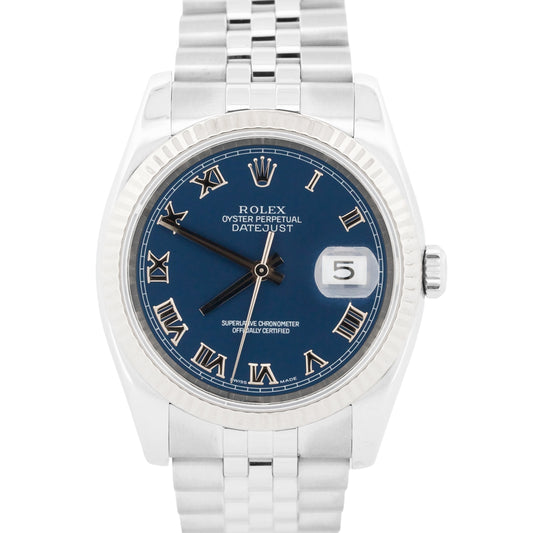 2006 PAPERS Rolex DateJust 36mm BLUE ROMAN 18K Gold Steel JUBILEE 18K 116234 BOX