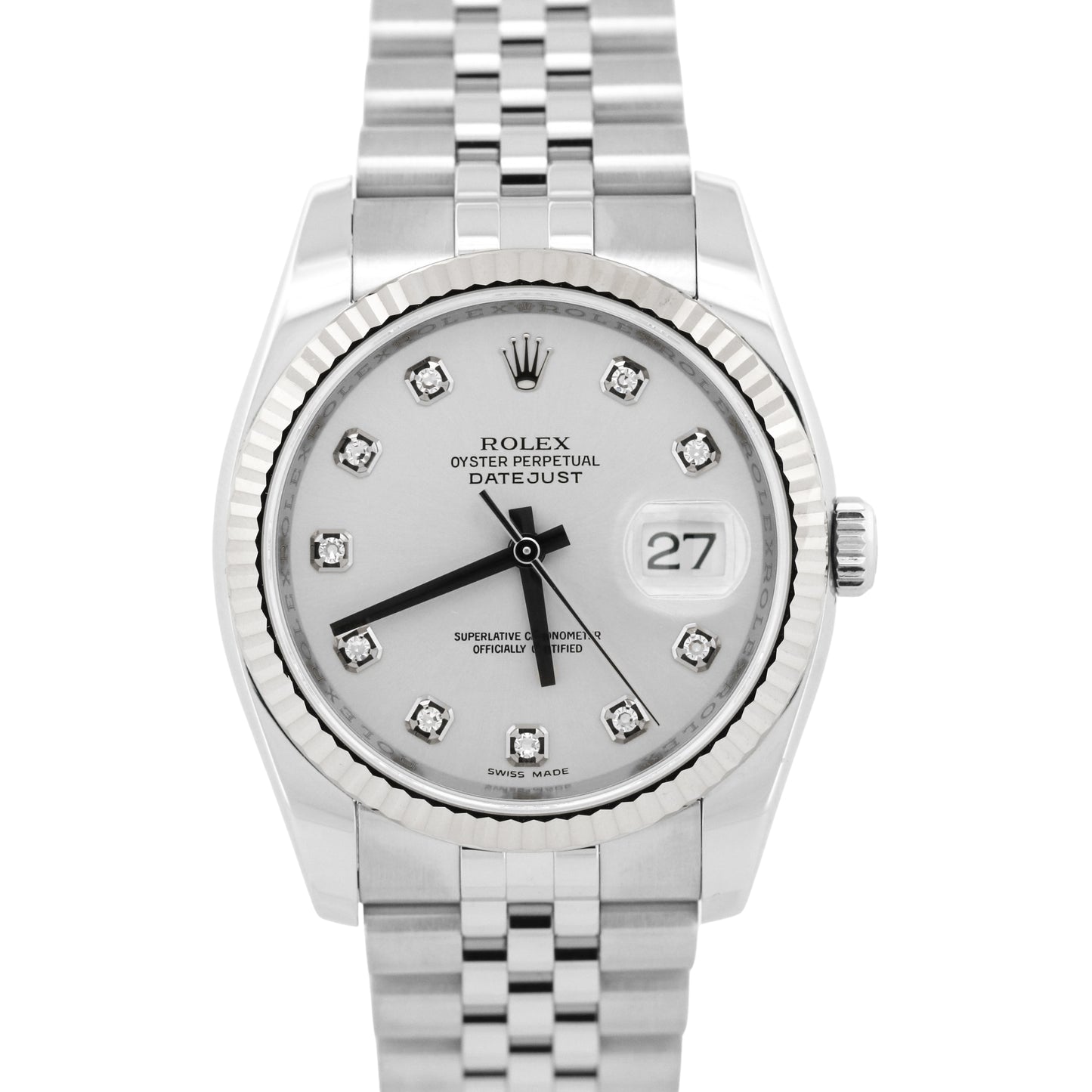 PAPERS Rolex DateJust 36mm SILVER DIAMOND Stainless Steel JUBILEE 18K 116234 BOX