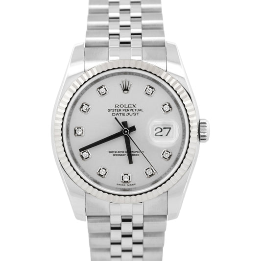 PAPERS Rolex DateJust 36mm SILVER DIAMOND Stainless Steel JUBILEE 18K 116234 BOX